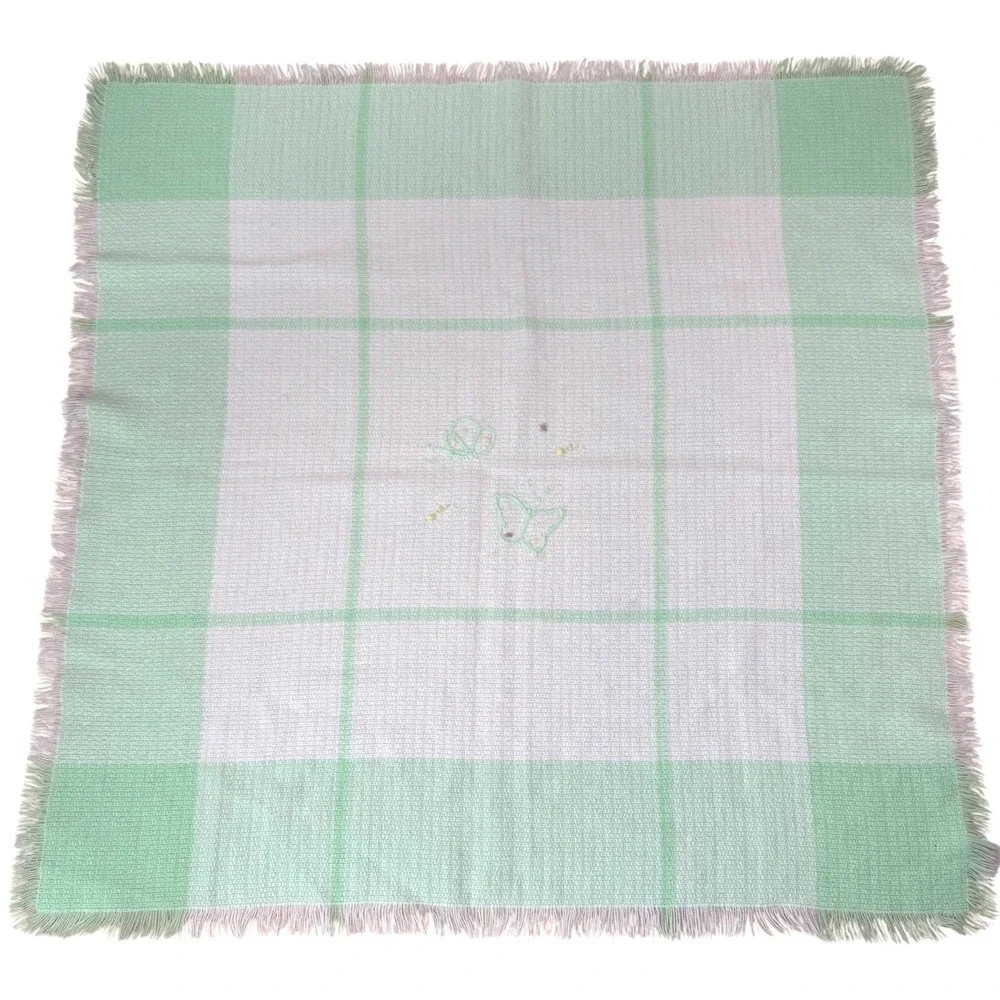 Vintage The Three Weavers Green Plaid‎ Baby Blanket Acrylic Fringe Butterfly